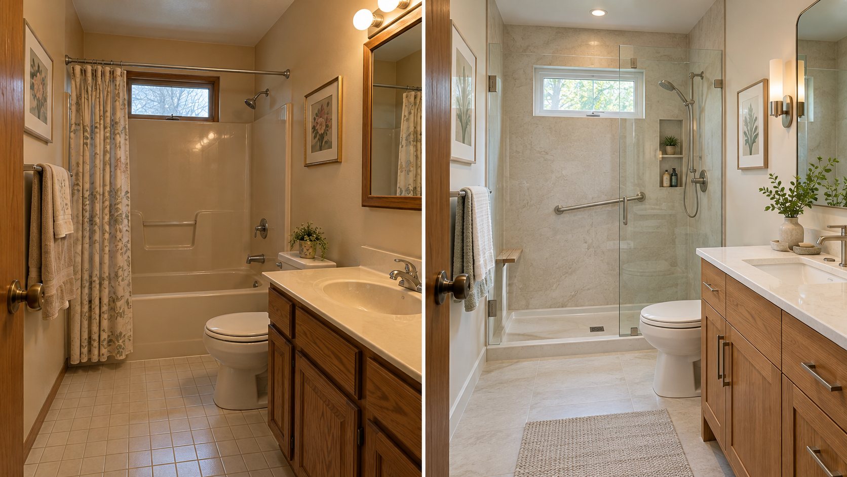 Split concept showing a dated cramped bathroom and a brighter low-threshold shower redesign
