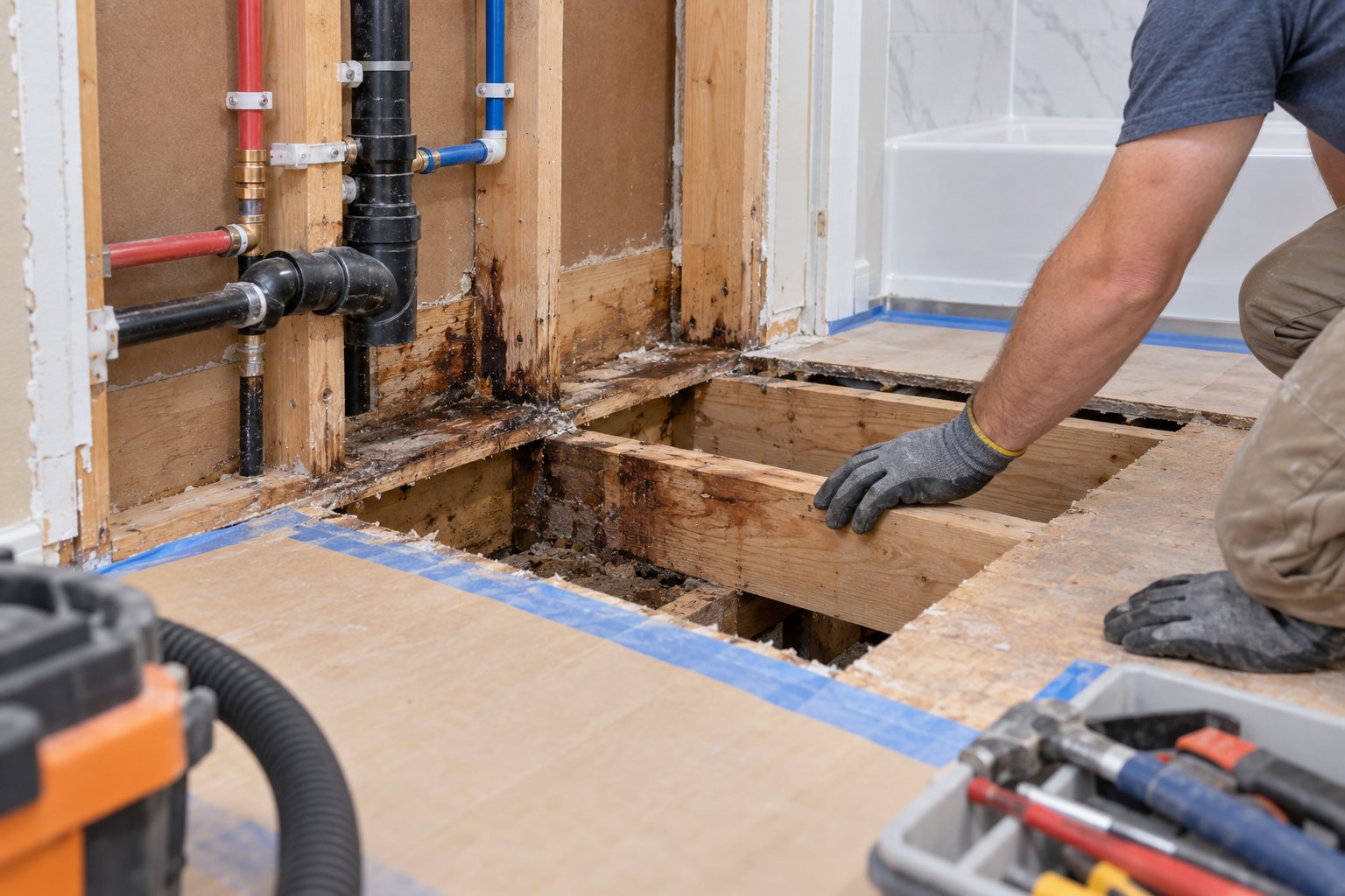 Concept process photograph of an opened bathroom wall and subfloor under professional inspection